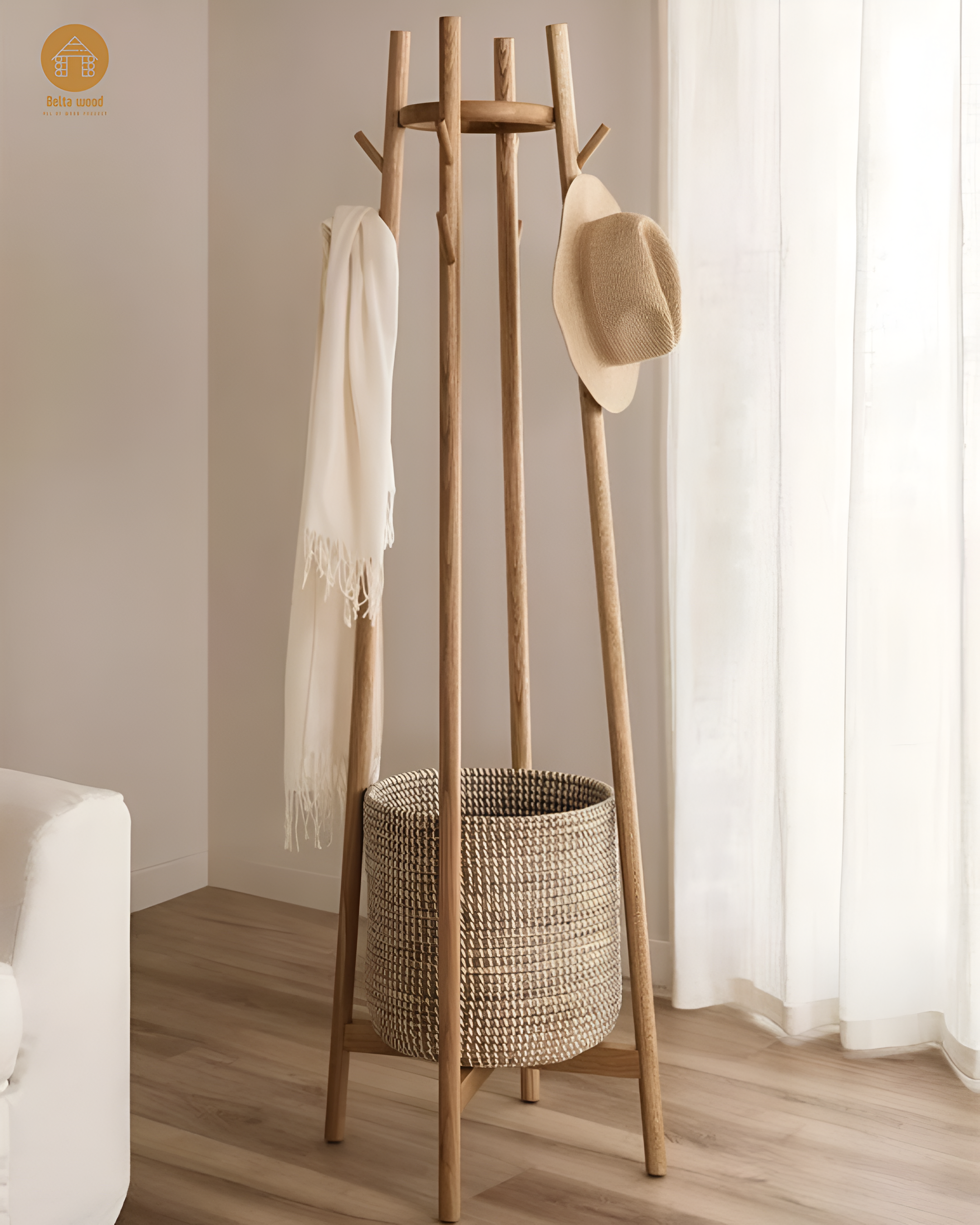 Wooden Coat Stand with Storage Basket