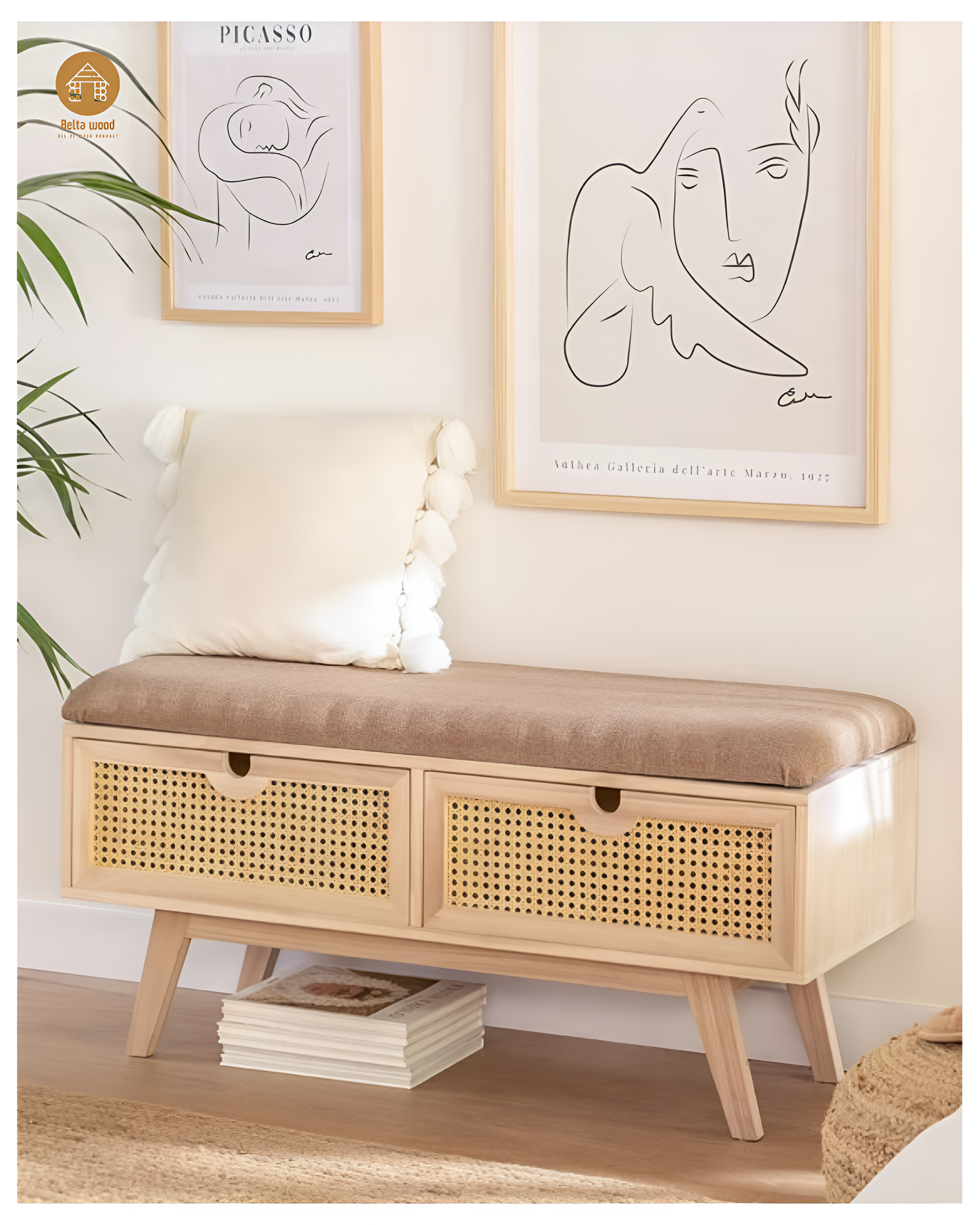 Wooden Bench with Cushioned Seat