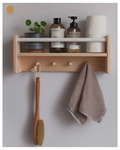 Wooden wall shelf with hooks, a broom, and cleaning supplies on a white background