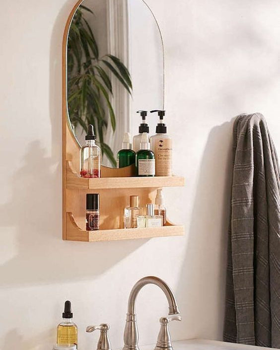 Wooden Bathroom Mirror with Storage Shelves